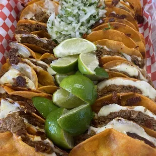 25 birria tacos , 4 consume , and 4 drinks