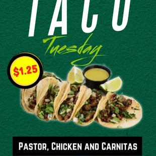 Grab yours...Enjoy $1.25 Pastor, $1.25 Carnitas, and $1.25 Chicken Tacos all day!! 
Order online
https://www.lostacohsdfw.com