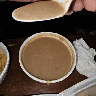 Freezing cold beans. No "beans" in it. Like soup. And look at that long hair that was in it!!