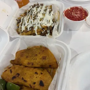 Birria Tacos, Esquite, Carne Asada Fries  Very good, just the birria tacos were a little greasy but still good!!