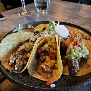 Carne Asada Taco, Carnitas Taco, and A la Diabla Shrimp Taco