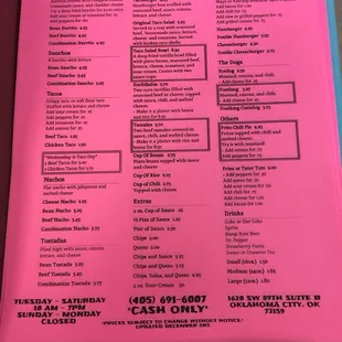 the menu for the restaurant