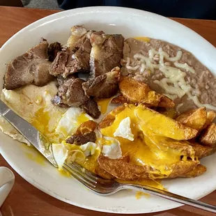 Carnitas, eggs, wedge fries, &amp; beans