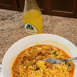 Birria Ramen, w/Pineapple Soda