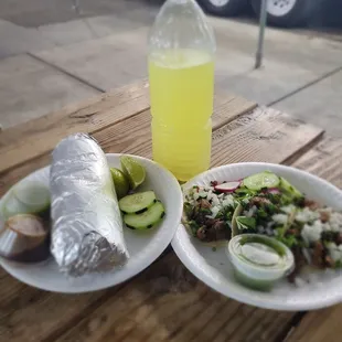 Agua de limon, carne asada burrito, 3 tacos