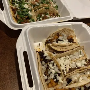 The tacos, al pastor, barbaco, and papas con chorizo. Looks great, tastes great, but found glass in them.