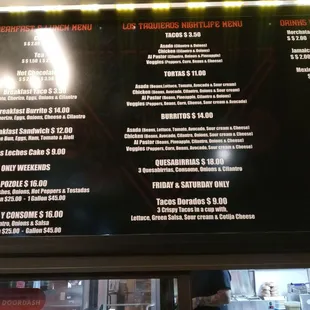 the menu of the restaurant