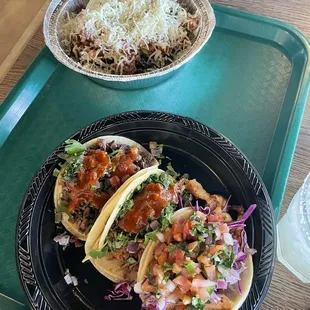 Red Chile Beef Bowl and three tacos (asada, carnita and fish)