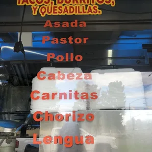 Types of meat available for the tacos, burritos, and quesadillas.