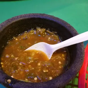 The green salsa, delicious, and spicy!
