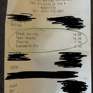 the receipt for the restaurant