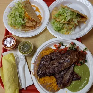 Chicken tacos, beef tacos, carne asada plate (I ordered double beans, no lettuce)