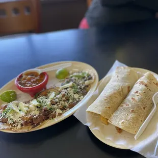 Taquitos de Bistec y Pastor &amp; breakfast tacos on flour