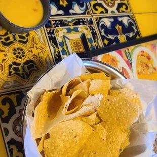 Chips, salsa, and queso