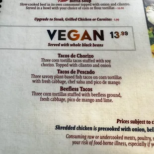 vegan menu