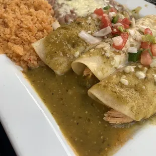Enchilada suizas, rice and beans