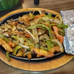 Mushroom fajitas sans cheese. Kind of light on the mushrooms this time.