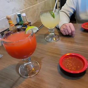 Strawberry margaritas, margaritas on the rocks and awesome salsa with warm corn chips! Yummy!!