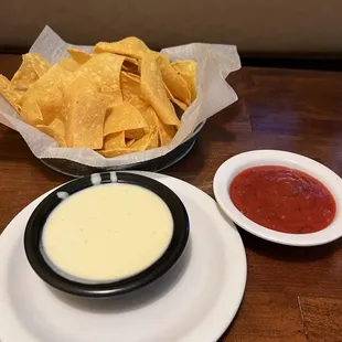 a plate of chips and a bowl of salsa