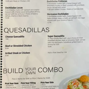 a menu for enchiladas