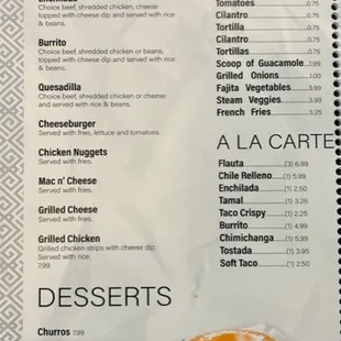 the menu for the restaurant