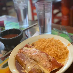 #9 One burrito, one enchilada, and rice