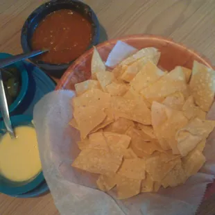 Yummy chips, salsa and queso appetizer!