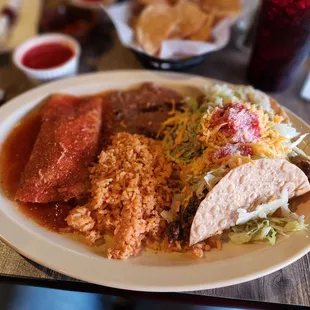 Combo #11 Cheese &amp; Onion Enchilada, Taco &amp; Bean Tostado.