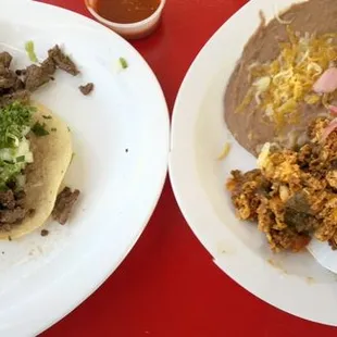 Asada street tacos and chorizo and huevos breakfast plate.
