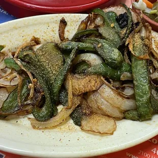 Fried onions and jalapeños