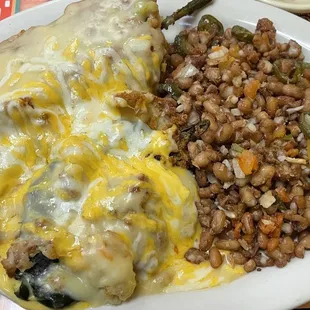 Chile relleno beef and chicken. Chino beans.