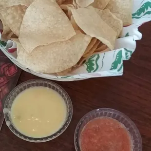 Chips, salsa and queso.