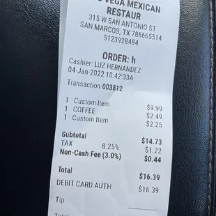 a receipt for the restaurant