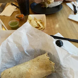 Machaca burrito and Carnitas burrito with beans and rice
