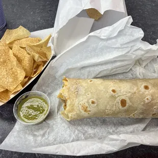 Chile Relleno Burritos with complementary Chips with Salsa