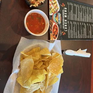 Complimentary chips, salsa &amp; slaw (delicious!)