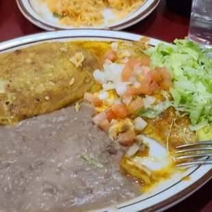 Soft chili relleno, cheese enchilada abs refried beans