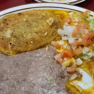 Soft Chili Relleno,  cheese enchilada abs refried beans