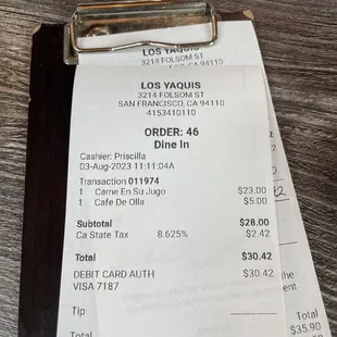 Bill for hot chocolate &amp; carne en su jugo