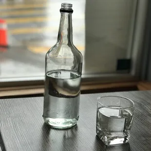 a bottle of water and a glass on a table