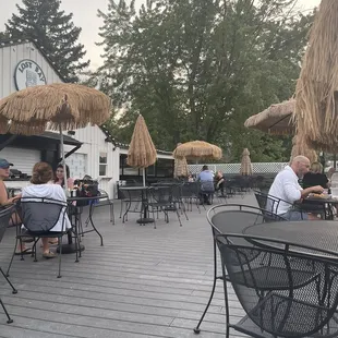Patio view of tiki umbrellas
