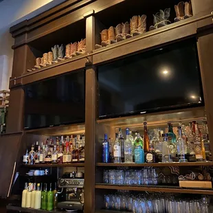 a bar with liquor bottles