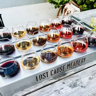 a tray of wine glasses