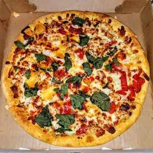 Whippet Pie: Roasted red peppers, sliced garlic chicken, mozzarella and fontina cheeses with a touch of fresh basil. $16.95