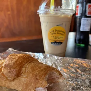 Croissant melt and iced latte