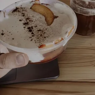 Peaches with espresso cream and cinnamon