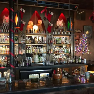 a bar decorated for christmas
