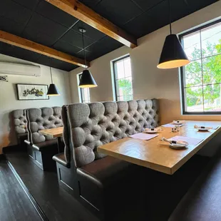 a table and chairs in a restaurant