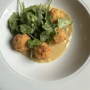 Arancini (tender rice balls packed with flavor) in a zingy coconut curry sauce