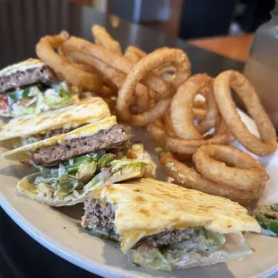 Quesadilla Burger &amp; Onion Rings